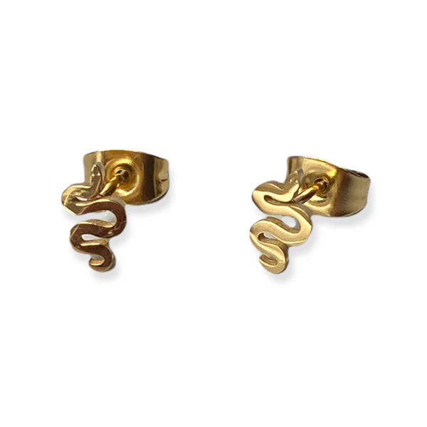 Image of a pair of gold-tone stud earrings shaped like stylized serpents with coiled bodies and small round eyes, displayed on a white background with a subtle mirrored reflection.