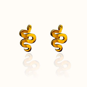 Image of a pair of gold-tone stud earrings shaped like stylized serpents with coiled bodies and small round eyes, displayed on a off white background with a subtle mirrored reflection.