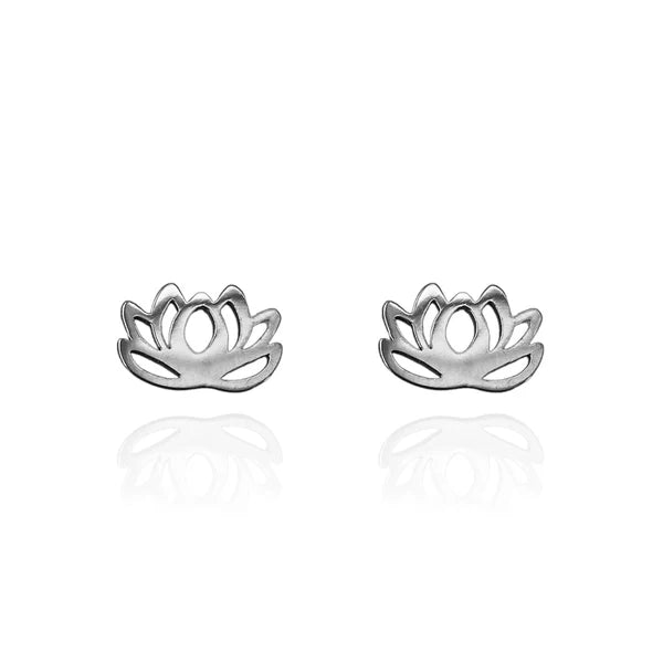 Image of a pair of polished silver stud earrings in the shape of a stylized lotus flower with open petal cutouts, displayed on a white background with soft reflections.