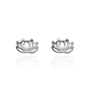 Image of a pair of polished silver stud earrings in the shape of a stylized lotus flower with open petal cutouts, displayed on a white background with soft reflections.