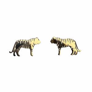 Image of a pair of silver-tone stud earrings in the shape of tigers, featuring engraved stripe details and a sleek silhouette. Displayed on a white background.