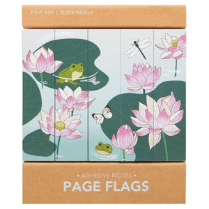 Image of lotus and frogs page flags, showing page tags with illustrations of frogs and lotus leaves and flowers in cardboard packaging.

