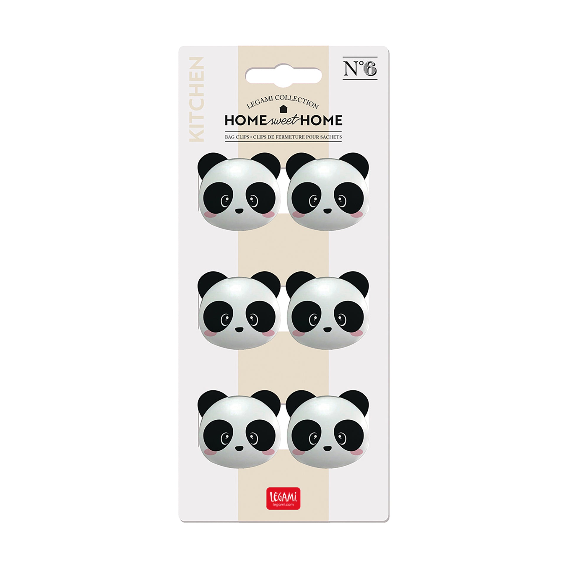 Image of Legami Panda Bag Clips, showing six bag clips shaped like panda heads on cardboard sheet.