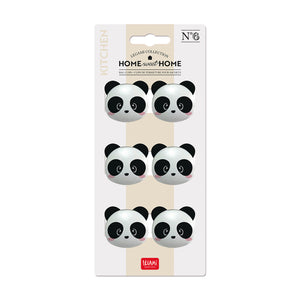 Image of Legami Panda Bag Clips, showing six bag clips shaped like panda heads on cardboard sheet.