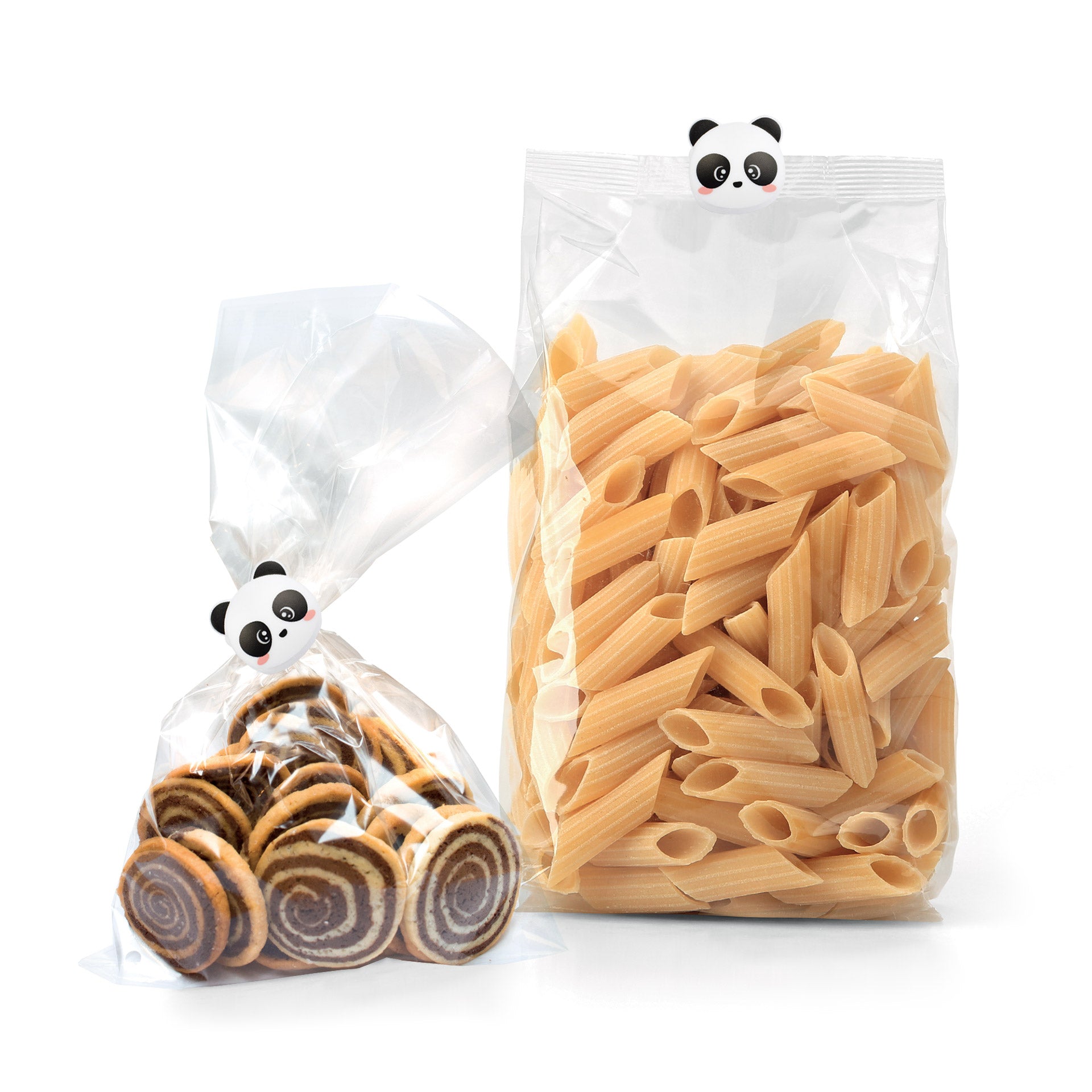 Image of Legami Panda Bag Clips, showing bag clips shaped like panda heads attached to a bag of biscuits and a bag of pasta.