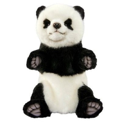 Image of a plush panda cub puppet with black and white fur, sitting upright with its front paws raised and a gentle smile on its face, set against a plain white background.