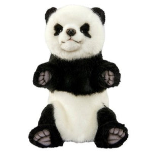 Image of a plush panda cub puppet with black and white fur, sitting upright with its front paws raised and a gentle smile on its face, set against a plain white background.