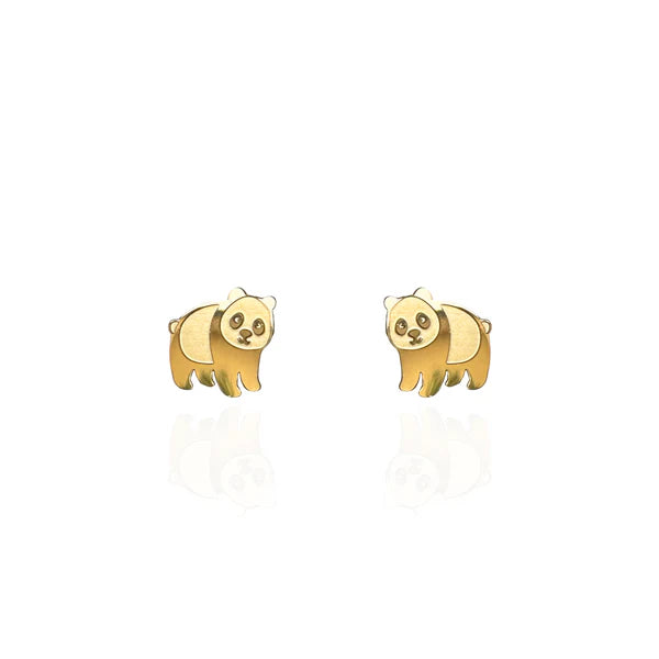 Image of a pair of gold-plated panda-shaped stud earrings with cute facial features and a smooth, polished finish, displayed against a white background with subtle reflections.