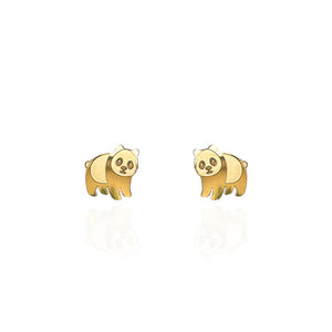 Image of a pair of gold-plated panda-shaped stud earrings with cute facial features and a smooth, polished finish, displayed against a white background with subtle reflections.