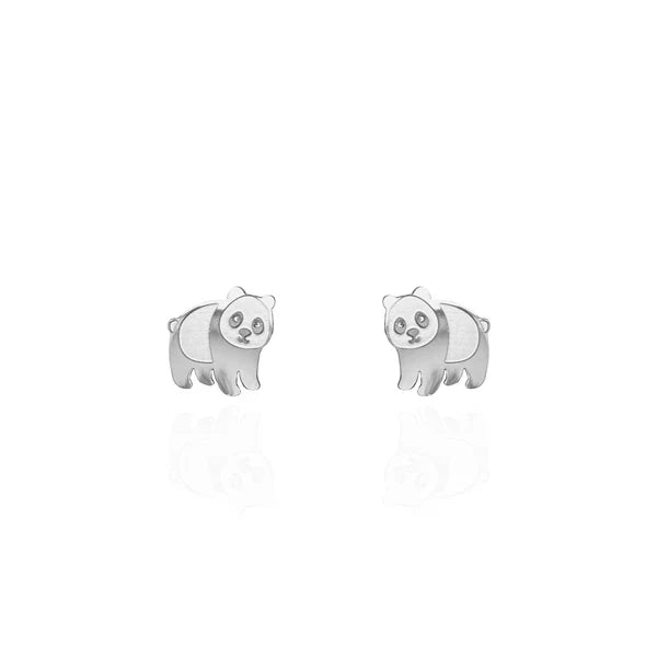 Image of a pair of silver-tone panda-shaped stud earrings with cute facial features and a smooth, polished finish, displayed against a white background with subtle reflections.