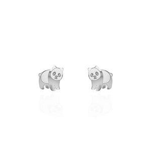 Image of a pair of silver-tone panda-shaped stud earrings with cute facial features and a smooth, polished finish, displayed against a white background with subtle reflections.