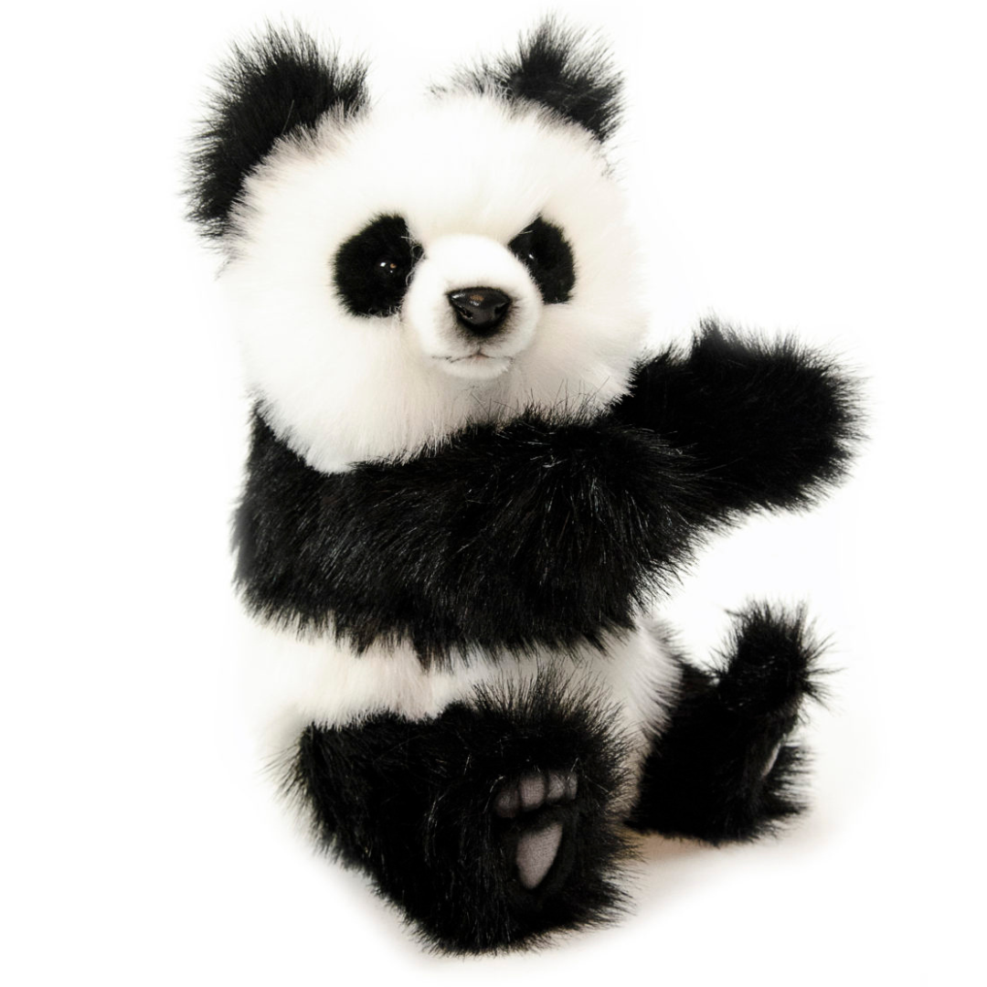 Image of panda cub plush showing black and white fluffy panda cub in sitting position with outreached arms on white background.