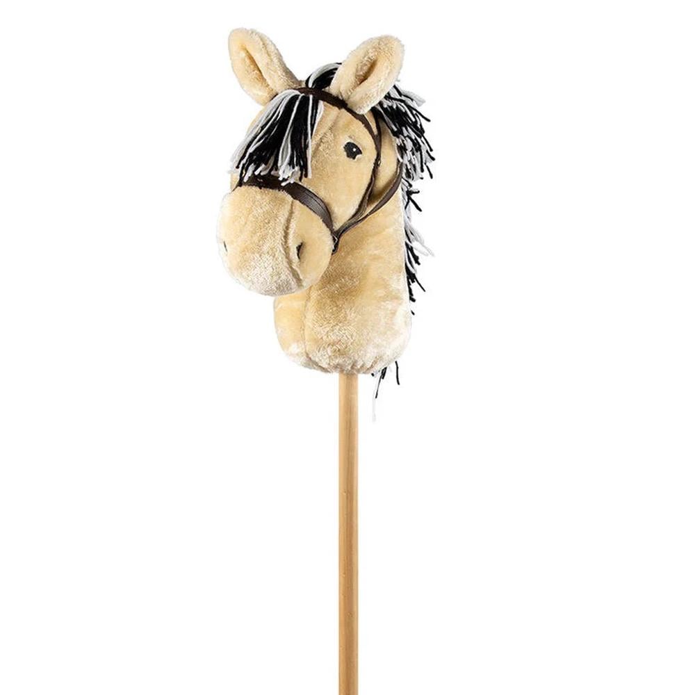 Image of blonde hobby horse, showing cream plush horse head with brown bridle on pine stick, on white background.
