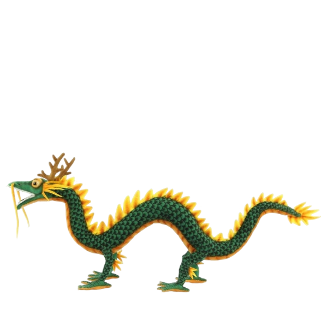 Image of Green Chinese Dragon Plush Toy, showing standing green Chinese dragon with yellow spine.