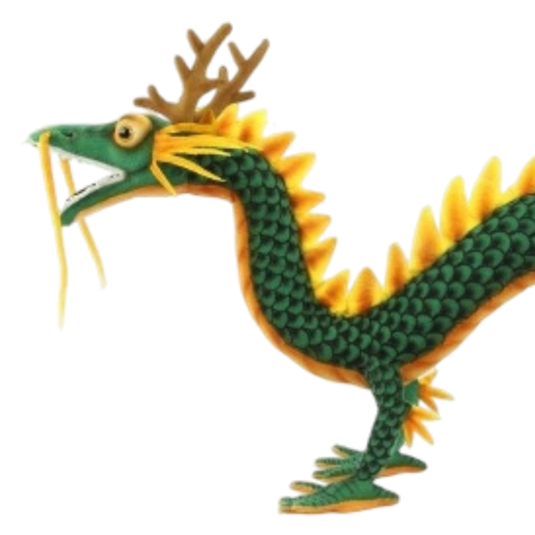 Close up image of Green Chinese Dragon Plush Toy, showing standing green Chinese dragon with yellow spine.