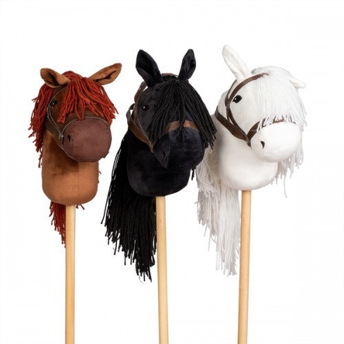 Image of white, black and brown hobbie horses on white background.