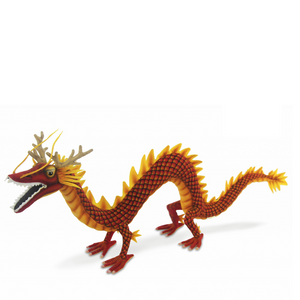 Image of Red Chinese Dragon Plush Toy, showing standing red and orange Chinese dragon with yellow spine.