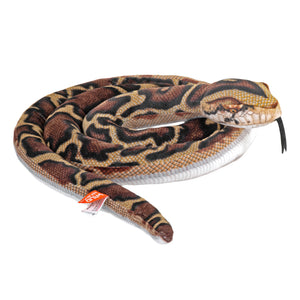 Image of a realistic coiled plush snake toy with detailed brown, tan, and black scale patterns, a white underbelly, and a black felt tongue, resting against a plain white background.