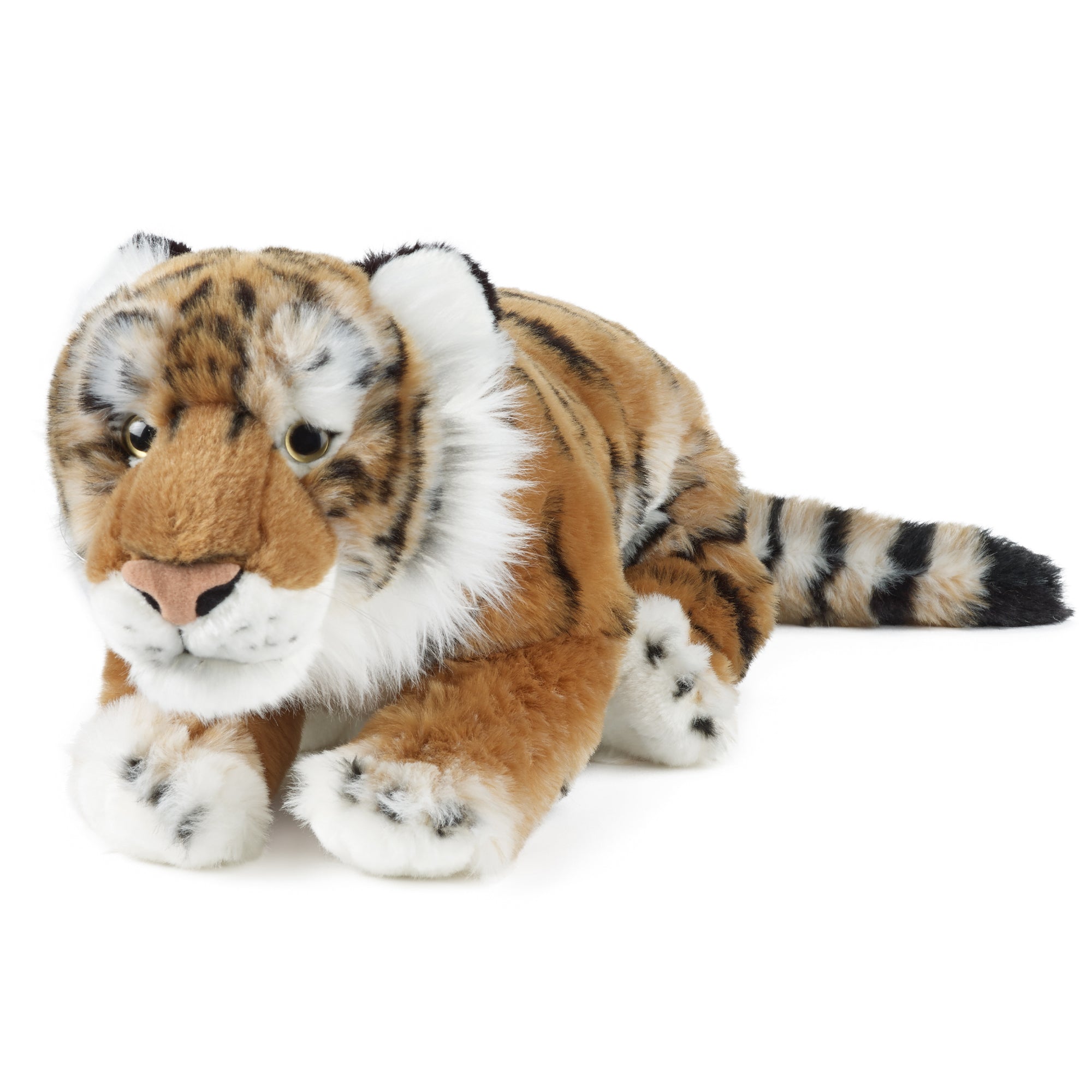 Image of soft tiger plush toy with orange fur, black stripes, and white accents, lying on its stomach against a white background.