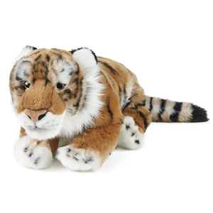 Image of soft tiger plush toy with orange fur, black stripes, and white accents, lying on its stomach against a white background.