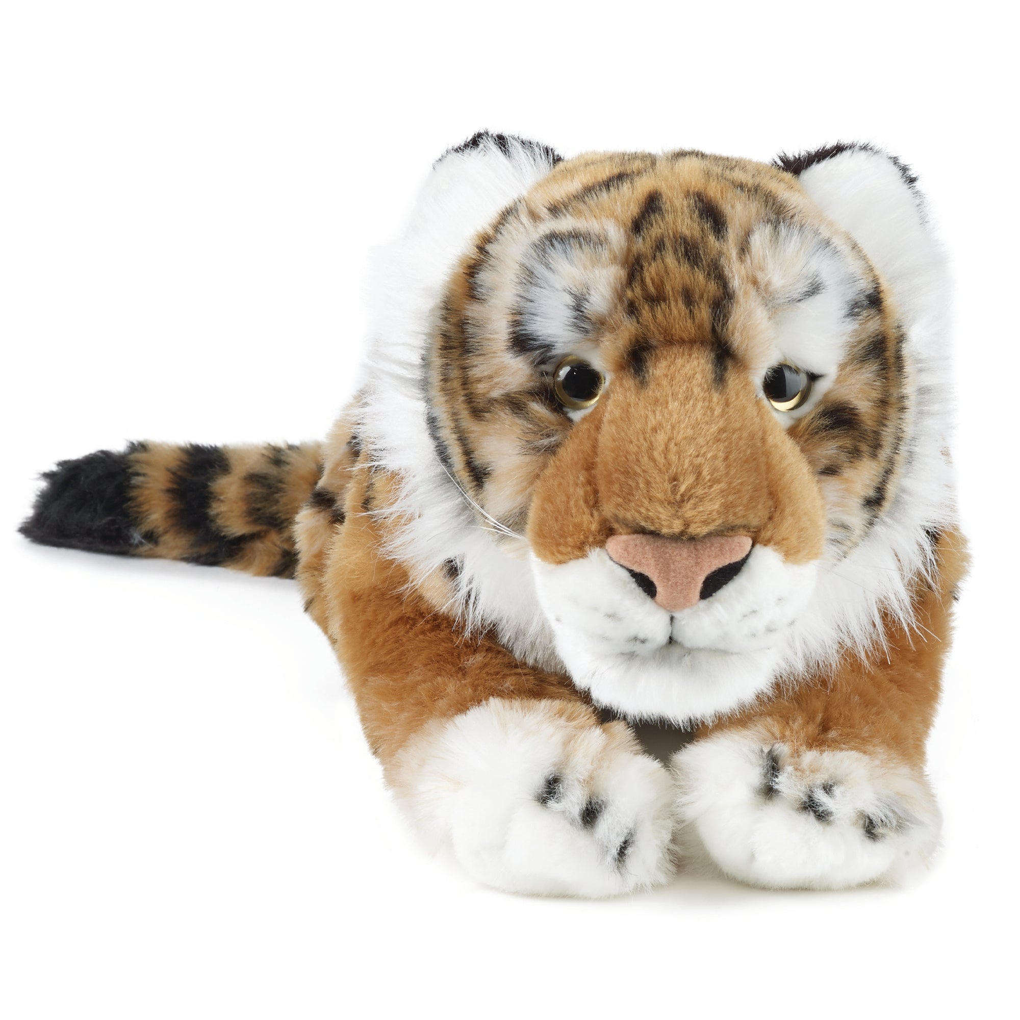 Image of soft tiger plush toy with orange fur, black stripes, and white accents, lying on its stomach against a white background.