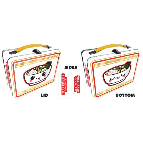 A rectangular metal lunch box with a yellow handle and a cute cartoon ramen bowl design on both the lid and bottom. The ramen bowl has a smiling face and contains noodles, an egg, and seaweed. The sides of the lunch box feature red text that reads 'YOU MAKE MISO HAPPY.' The background is white with red and yellow decorative borders.