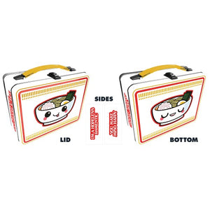 A rectangular metal lunch box with a yellow handle and a cute cartoon ramen bowl design on both the lid and bottom. The ramen bowl has a smiling face and contains noodles, an egg, and seaweed. The sides of the lunch box feature red text that reads 'YOU MAKE MISO HAPPY.' The background is white with red and yellow decorative borders.