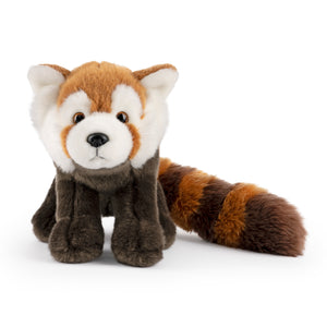 Front view image of red panda plush with dark brown legs, white and orange face with an orange and brown stripped long tail, standing on all four legs, on white background.