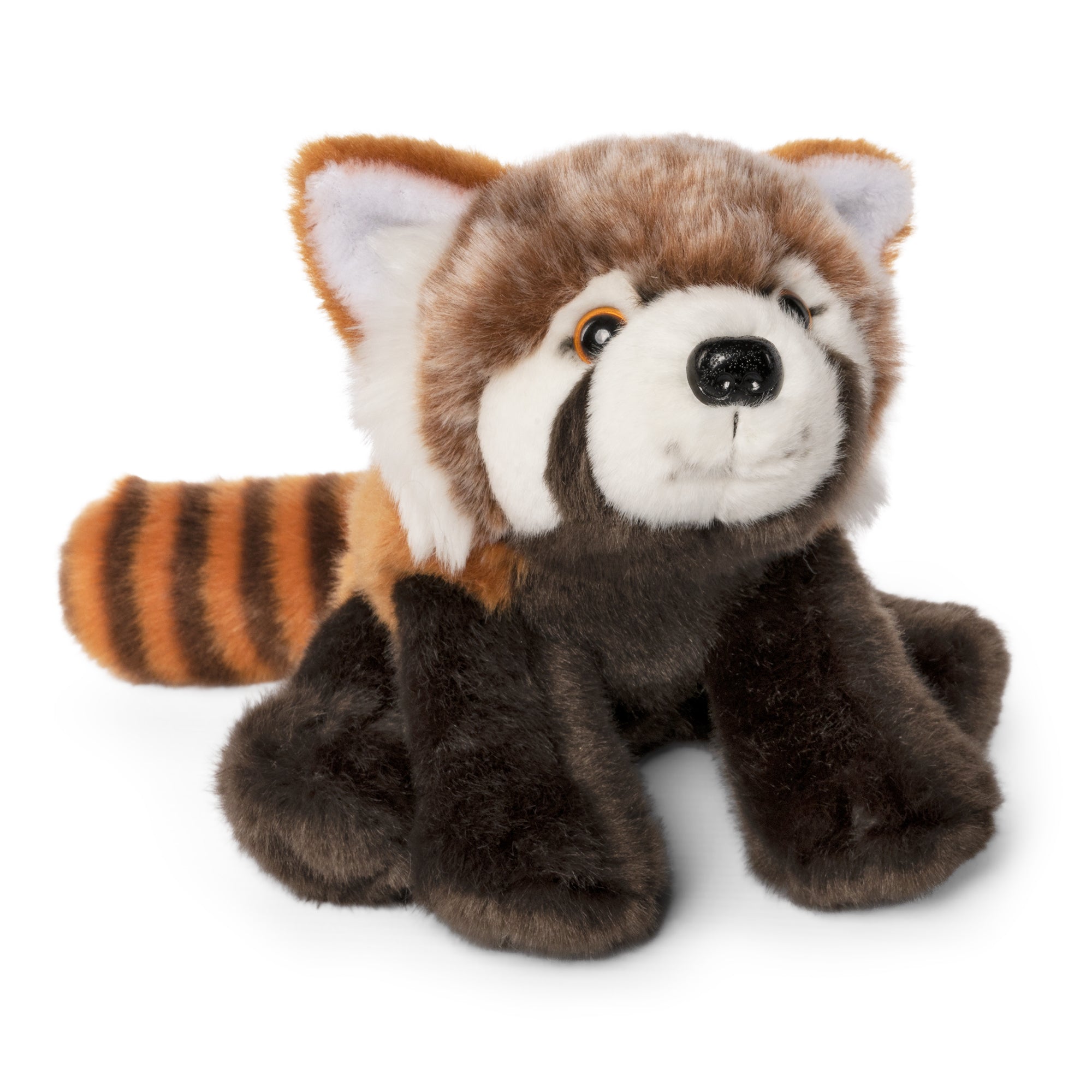 Front view image of Red Panda Cub plush toy, showing red panda cub with dark brown legs, white and light brown face with brown and orange striped tail in seated position, on white background. 