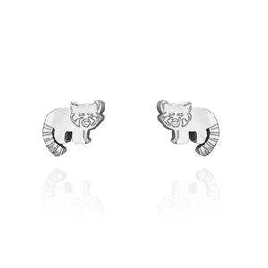Image of a pair of silver-tone stud earrings shaped like red pandas, featuring engraved facial details and striped tails. Displayed on a white background with a subtle mirrored reflection beneath each earring.