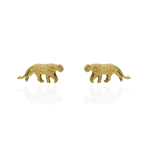 Image of a pair of gold-tone stud earrings shaped like walking snow leopards, featuring engraved spots and curved tails, displayed on a white background with a subtle reflection.
