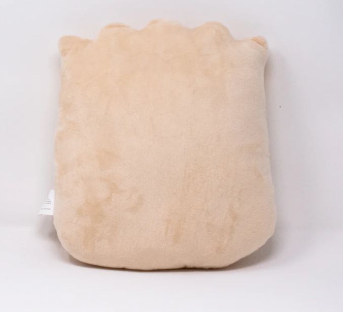 Rear view image of a soft plush pillow shaped like a siu mai dumpling, in a light beige color with a smooth surface and subtle dumpling top ridges, showing no facial features or decorative elements.