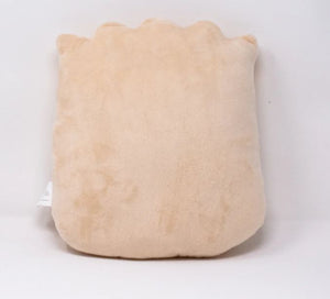 Rear view image of a soft plush pillow shaped like a siu mai dumpling, in a light beige color with a smooth surface and subtle dumpling top ridges, showing no facial features or decorative elements.
