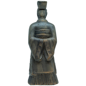 Back view of a 40cm stone statue of a terracotta warrior emperor showing the detailed carved robe with geometric patterns, tall headdress, and hands folded behind the back.