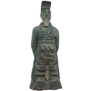 40cm stone statue of a terracotta warrior emperor with a tall headdress, long beard, and intricate carved robes featuring dragons and geometric patterns. The figure stands with hands folded behind its back, evoking regal presence.