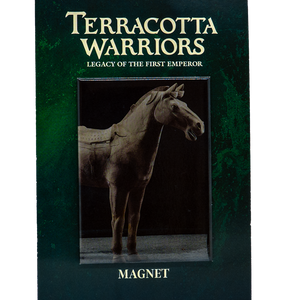 Magnet featuring a photograph of a real Terracotta Warrior horse statue, shown standing with detailed bridle and saddle. The background is dark green with the text “Terracotta Warriors: Legacy of the First Emperor – Magnet.”
