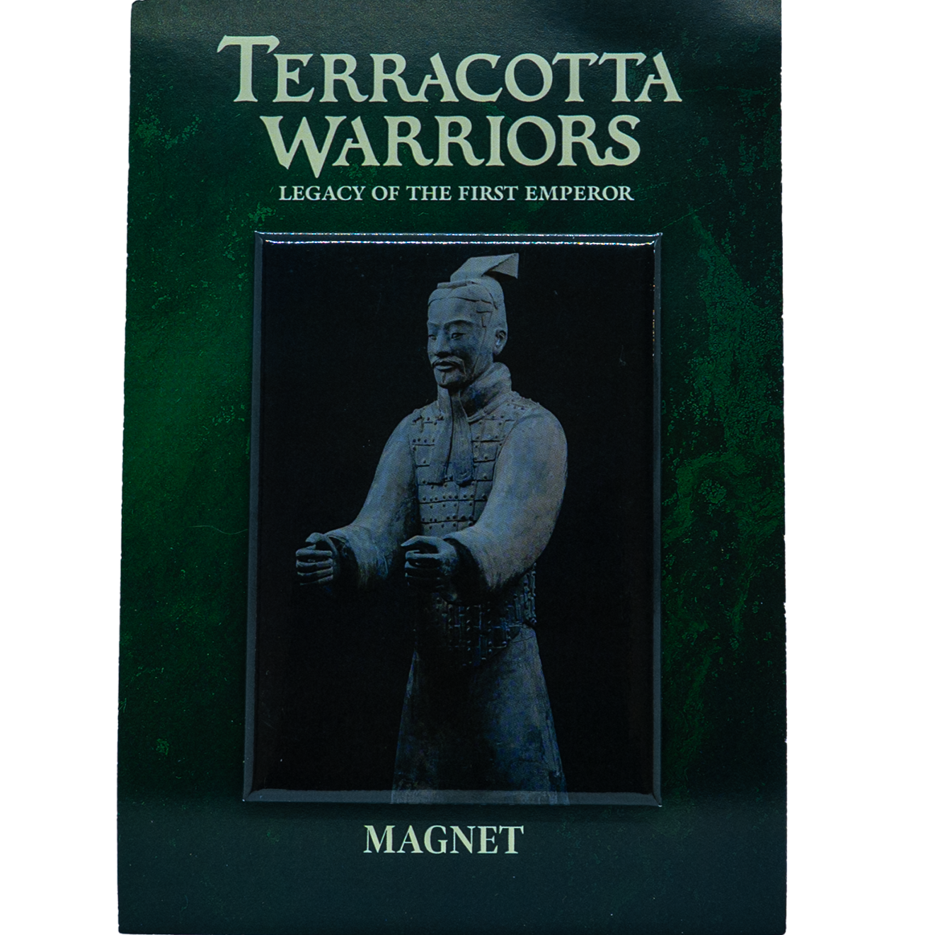 Magnet featuring a photograph of a real Terracotta Warrior statue, displayed on a dark green background with the text “Terracotta Warriors: Legacy of the First Emperor” above and “Magnet” below.