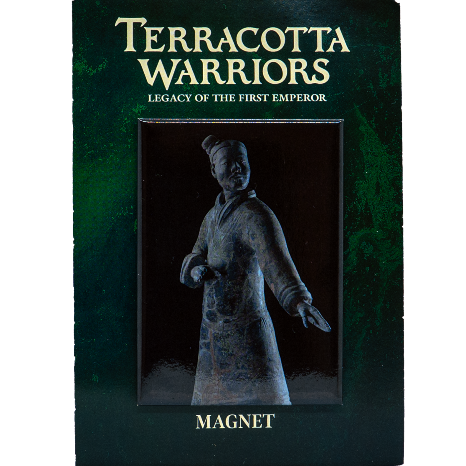 Magnet featuring a photograph of a real Terracotta Warrior statue, displayed on a dark green background with the text “Terracotta Warriors: Legacy of the First Emperor” above and “Magnet” below.