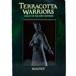 Magnet featuring a photograph of a real Terracotta Warrior statue, displayed on a dark green background with the text “Terracotta Warriors: Legacy of the First Emperor” above and “Magnet” below.