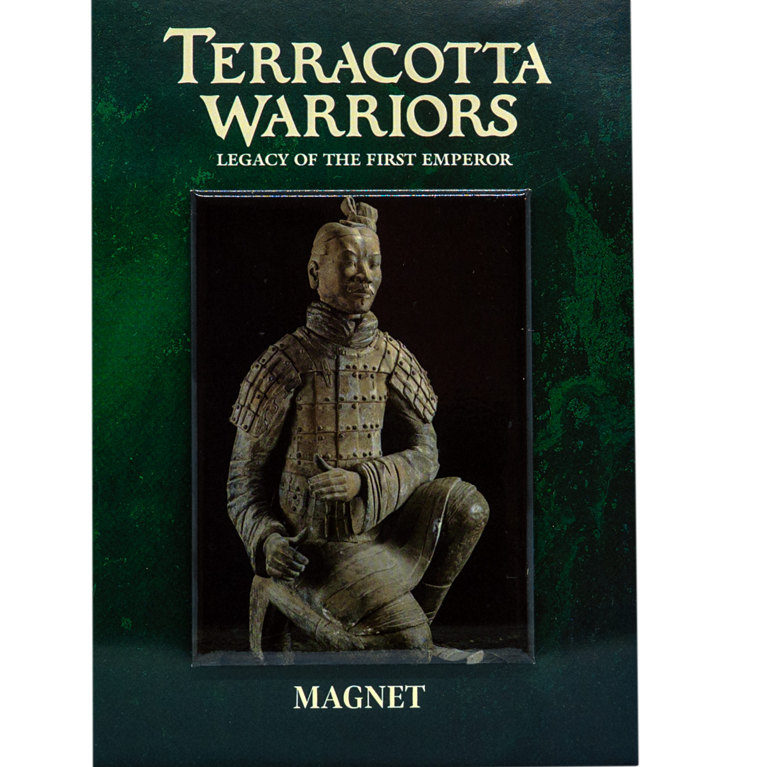 Magnet featuring a photograph of a real Terracotta Warrior statue, displayed on a dark green background with the text “Terracotta Warriors: Legacy of the First Emperor” above and “Magnet” below.