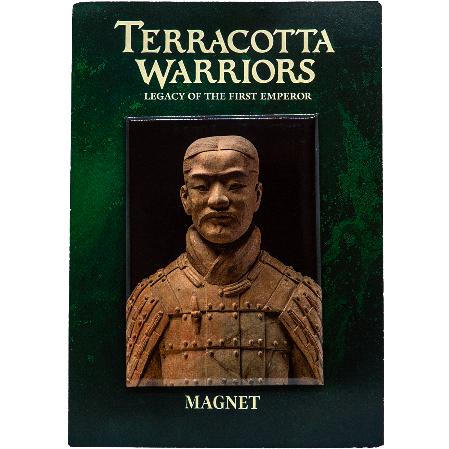 A rectangular magnet featuring a detailed image of a Terracotta Warrior statue in full armor. The packaging has a dark green background with the text “Terracotta Warriors: Legacy of the First Emperor” at the top and “MAGNET” at the bottom.