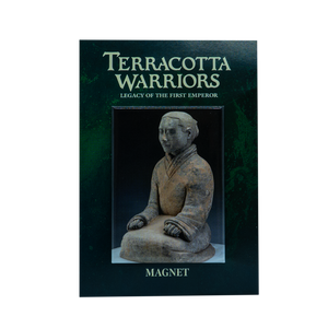 Magnet featuring a photograph of a real seated Terracotta Warrior statue with hands resting on knees, wearing traditional armor. Packaging has a dark green background with the text “Terracotta Warriors: Legacy of the First Emperor – Magnet.”