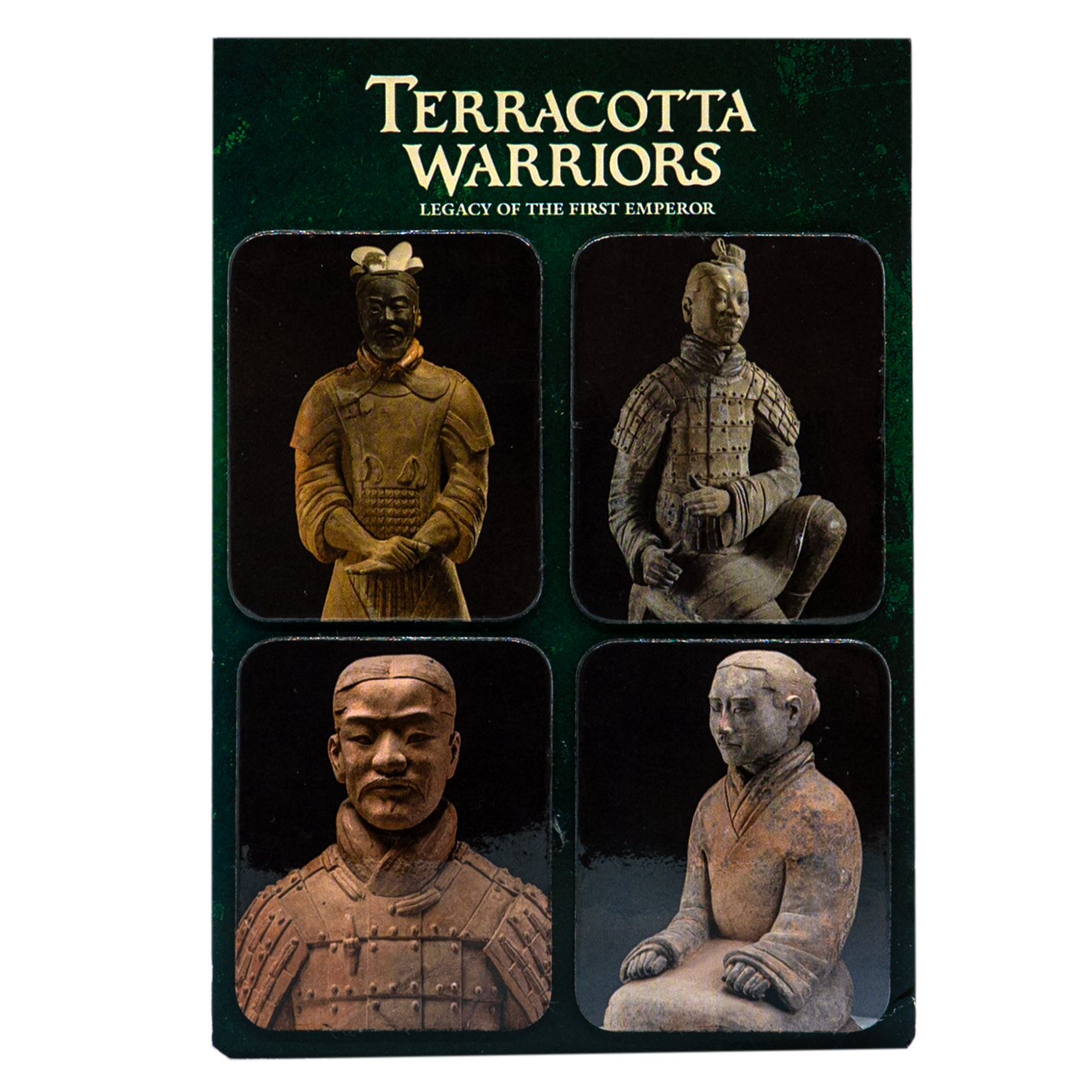 A rectangular set of four magnets featuring images of Terracotta Warrior statues against a dark green background. The top reads “Terracotta Warriors: Legacy of the First Emperor.” Each magnet shows a different Terracotta Warrior sculpture, including standing, kneeling, and seated figures in traditional armor and robes.
