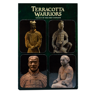 A rectangular set of four magnets featuring images of Terracotta Warrior statues against a dark green background. The top reads “Terracotta Warriors: Legacy of the First Emperor.” Each magnet shows a different Terracotta Warrior sculpture, including standing, kneeling, and seated figures in traditional armor and robes.