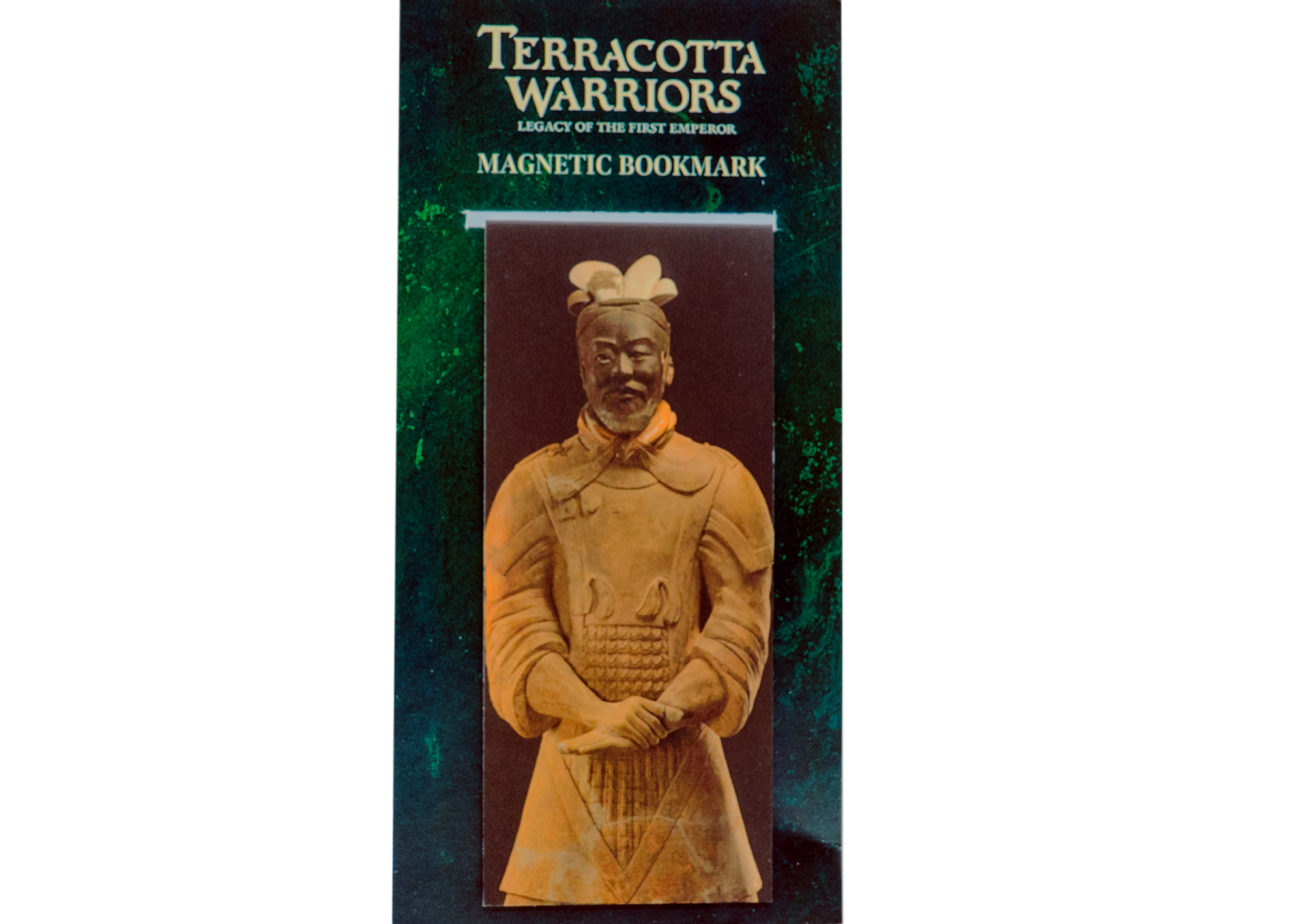 Magnetic bookmark with a detailed image of a Terracotta Warrior statue in armor, hands clasped. Packaging text reads: “Terracotta Warriors: Legacy of the First Emperor – Magnetic Bookmark.”