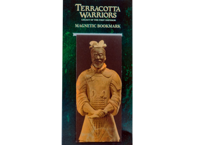 Magnetic bookmark with a detailed image of a Terracotta Warrior statue in armor, hands clasped. Packaging text reads: “Terracotta Warriors: Legacy of the First Emperor – Magnetic Bookmark.”