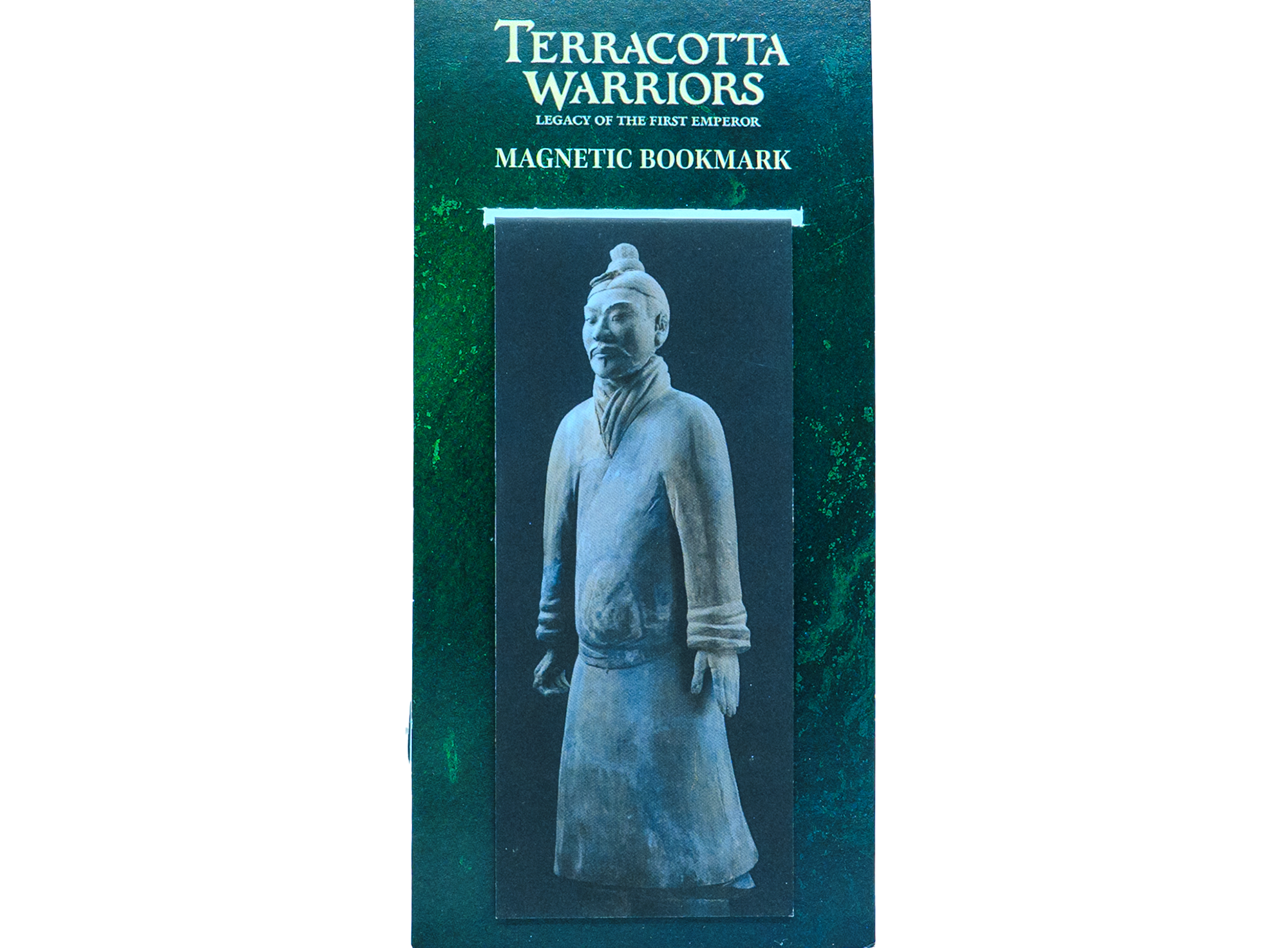 Magnetic bookmark featuring a photograph of a real Terracotta Warrior statue, shown standing in traditional ancient Chinese armor with detailed folds and textures. The packaging has a dark green background with white text reading: “Terracotta Warriors: Legacy of the First Emperor – Magnetic Bookmark.”
