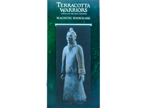 Magnetic bookmark featuring a photograph of a real Terracotta Warrior statue, shown standing in traditional ancient Chinese armor with detailed folds and textures. The packaging has a dark green background with white text reading: “Terracotta Warriors: Legacy of the First Emperor – Magnetic Bookmark.”