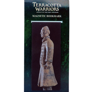 Terracotta Warriors magnetic bookmark packaging with warrior figure on a dark background