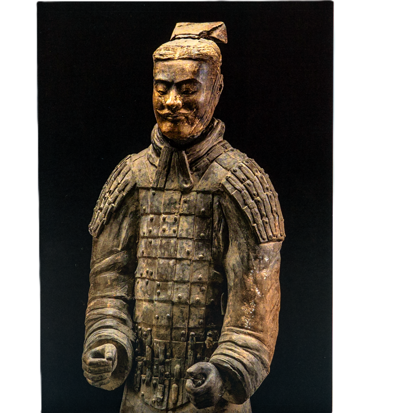 Notecard featuring a Terracotta Warrior statue in detailed armor with intricate patterns, set against a solid black background.